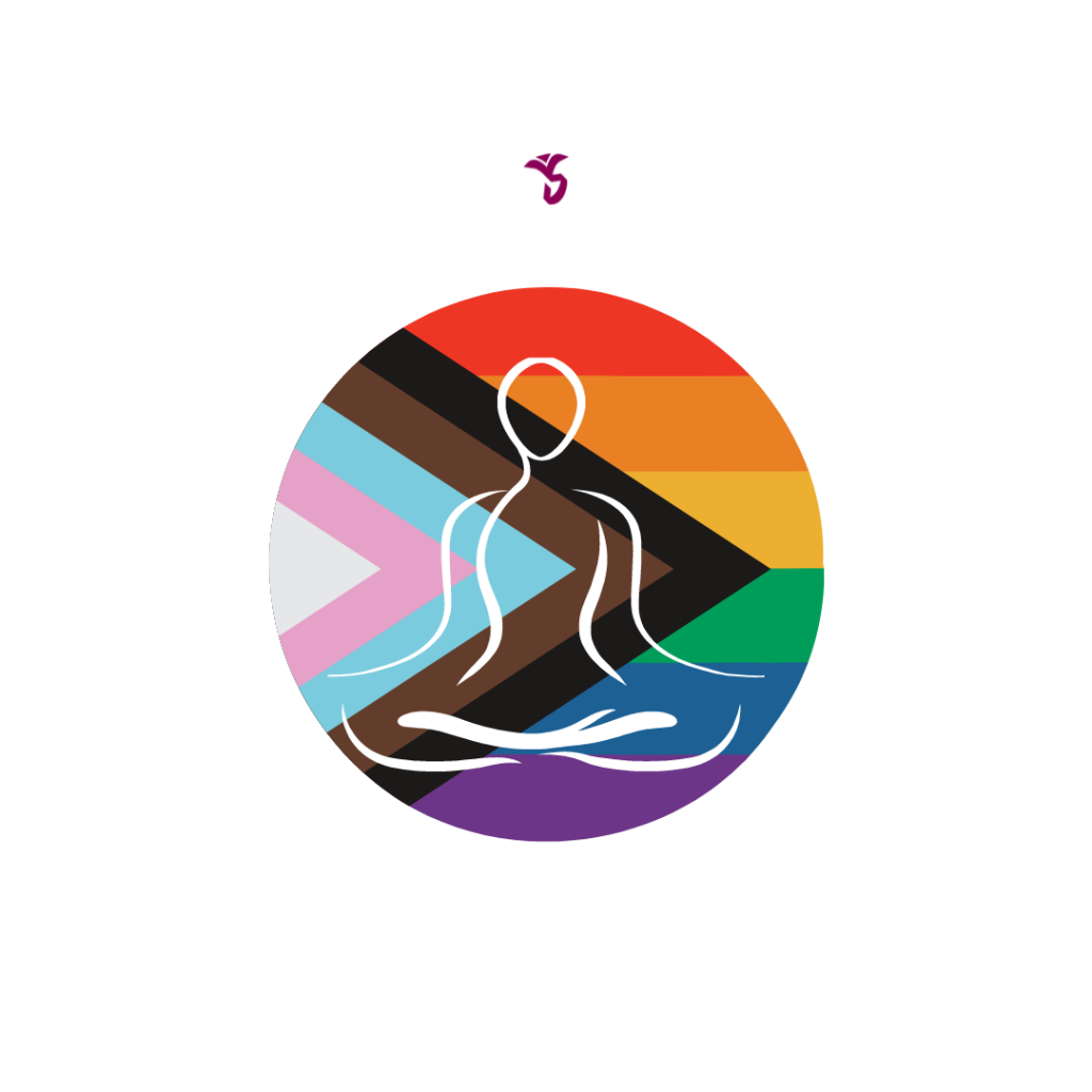 Kreisrunde Illustration der Pride Flagge, in der Mitte ist eine Figur in einer meditativen Sitzhaltung