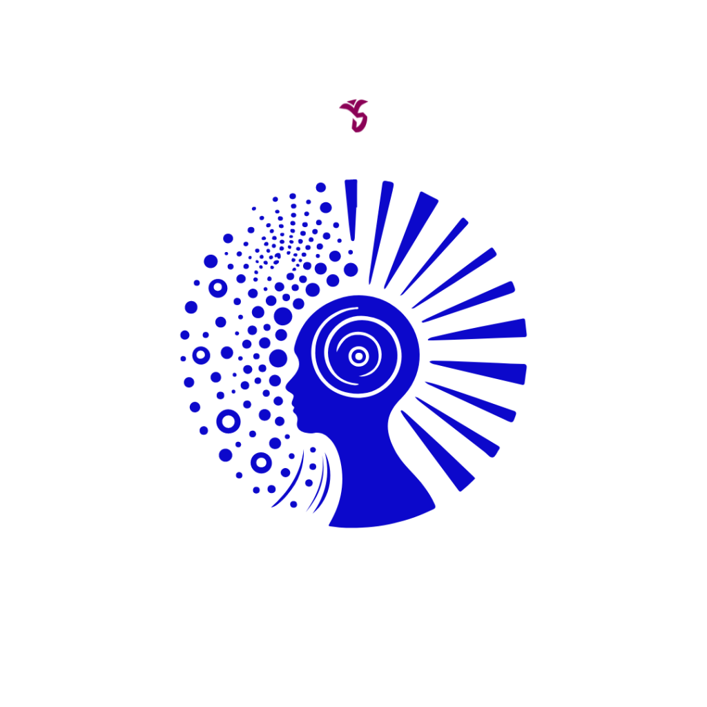 Blaue Illustration von einem Kopf im Profil mit einer weißen (Gedanken)Spirale im Kopf und verschiedenen dynamische blaue Muster rund um das Profil